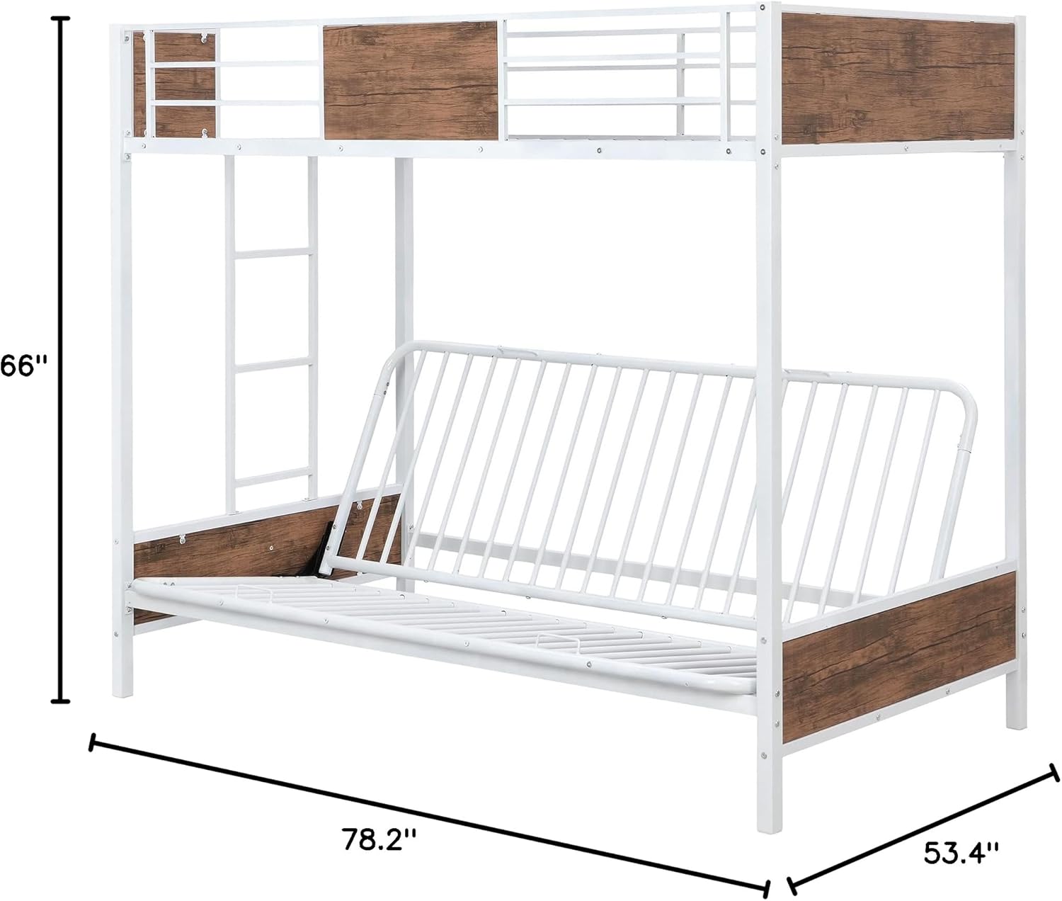 Twin-Over-Futon Bunk Bed, Metal Futon Bunk Bed Frame with Guardrails and Ladder(White)