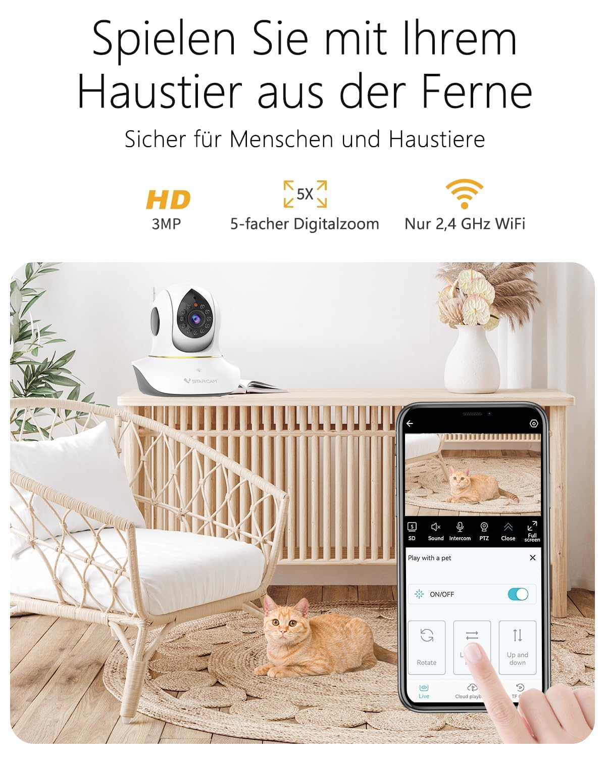 VSTARCAM 2K Überwachungskamera Innen, Interaktive Kamera für Hunde und Katzen mit Handy-App, 360° Linsenschwenkung und Neigung, Infrarot-Nachtsicht, Bewegungsverfolgung, 2-Wege-Audio