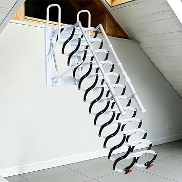 10FT Pull Down Attic Stairs, 12 Steps Wall Mounted Folding Loft Ladder, Extension Steps Ladder with Armrests, Folding Loft Staircase with Handrails, Carbon Steel, Black and White Version 12 Steps