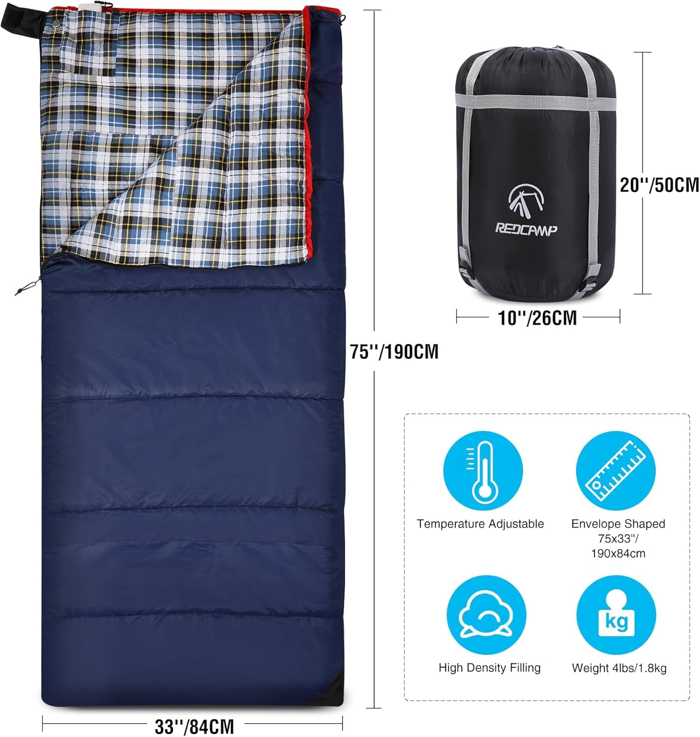 REDCAMP Cotton Flannel Sleeping Bag for Camping Backpacking, Adults Cold Weather Envelope Sleeping Bags with 2/3/4/6lbs Filling