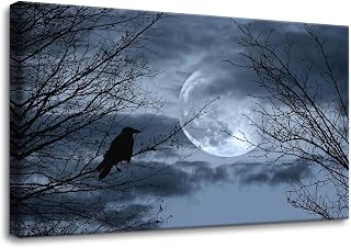 Pacimo Canvas Wall Art Full Moon Halloween Pictures Prints Giclee Poster Black and White Modern Artwork for Walls Painting Home Office Wall Decor Stretch and Framed Ready to Hang 12"x18"