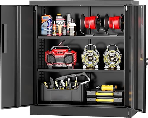 Vista 72 de Greenvelly Armario de almacenamiento de metal para garaje, gabinete de acero negro con bloqueo de 72 pulgadas con puertas y 4 estantes, armarios