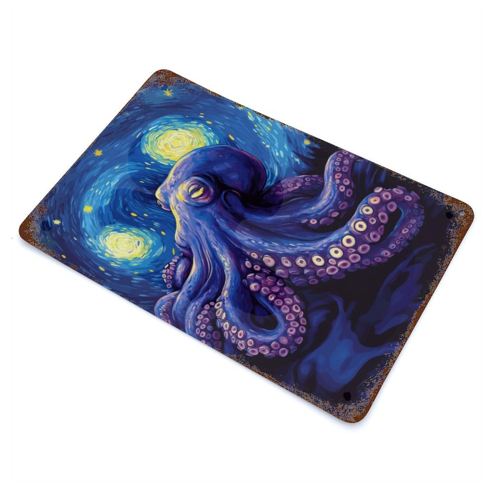Aged Metal Wall Plaque with Octopus Starry Night Design 11.8"x7.9", for Basement, Hobby Room And Garage Decor, Farmhouse Wall Decor