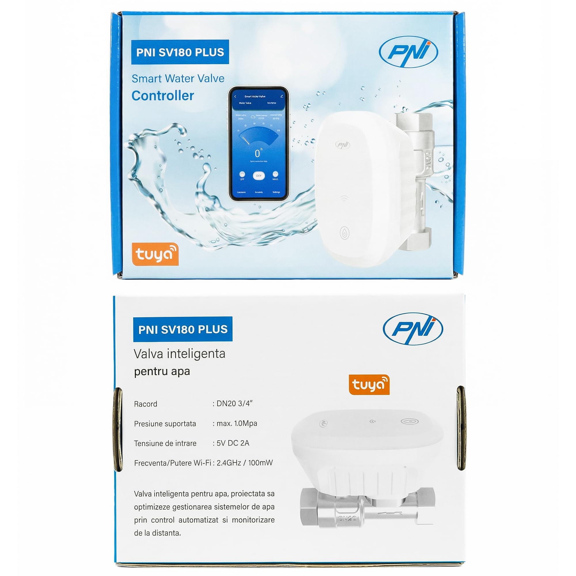 Valvola dell'acqua intelligente PNI SV180 PLUS, Wi-Fi, IP65, DN20 (3/4"), controllo tramite Tuya Smart, Amazon Alexa e Google Home, misura il consumo di acqua