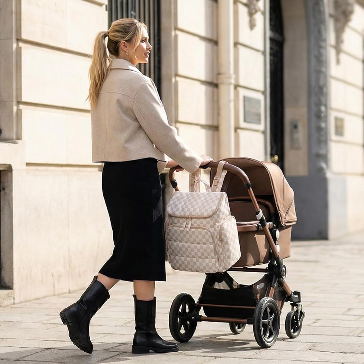 mommore Diaper Bag Backpack, Baby Bag with Waterproof Changing Pad and Stroller Straps for Toddler, Diaper Backpack for Mom Dads with Insulated Pockets & Pacifier Case, Baby Essential, Checkered Khaki