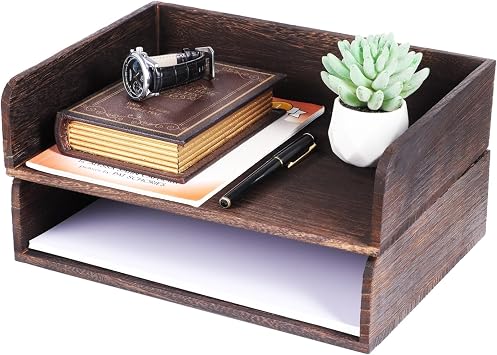 2 Pcs Stackable Desk Tray, Wood Document Organizer, Retro Brown Desktop Accessories with Open Front Design, Wooden Folder Organization Rack Desk Tray for Office, Home, 12.4 x 9.4 x 3.5 in