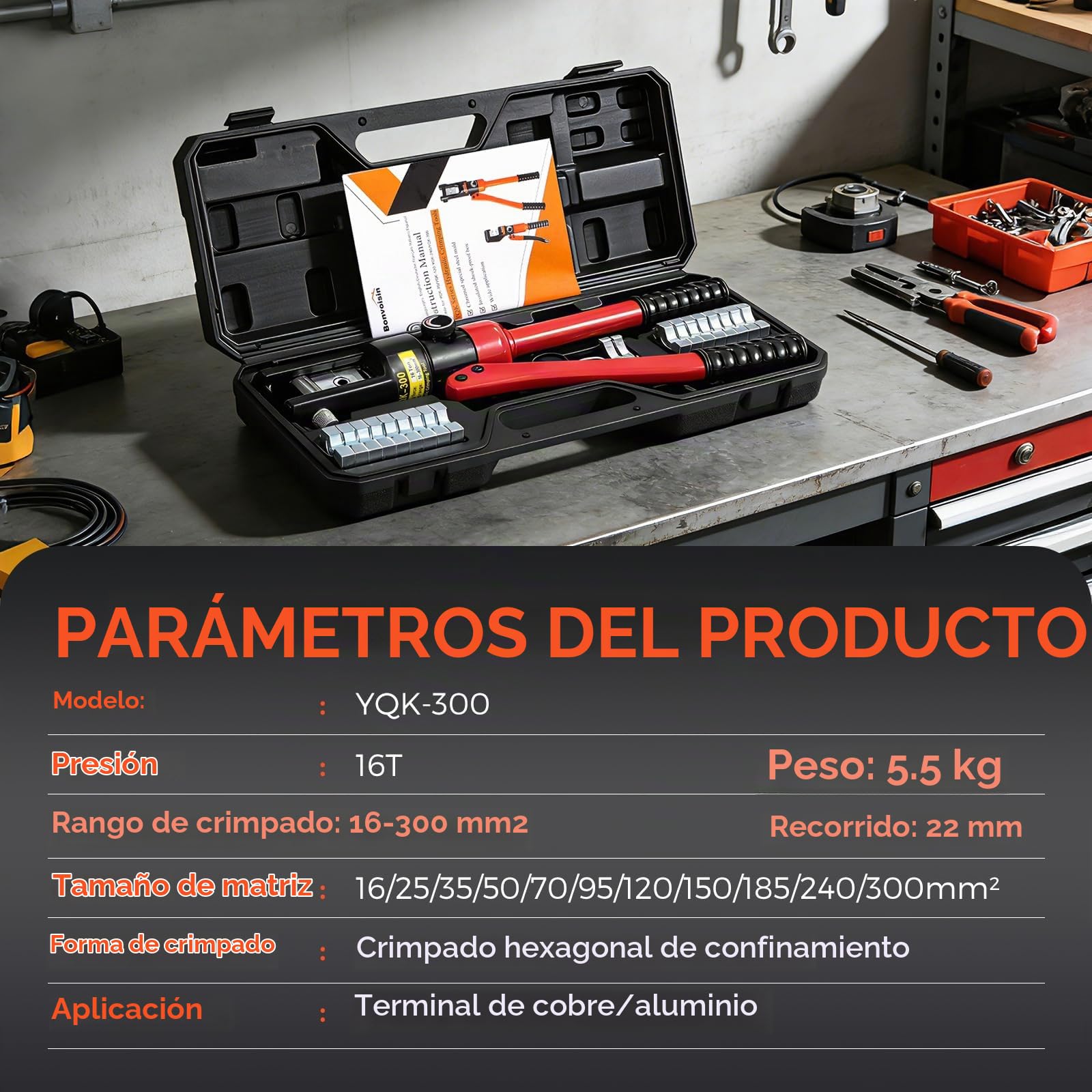 Bonvoisin Crimpadora Hidráulica Terminales 16-300mm² para de Cobre/Aluminio | 11 Matrices 16–300mm², Aptas Para Terminales Cobre/Aluminio, Cabeza Giratoria, Alivio De Presión Automático, Aleación Robusta