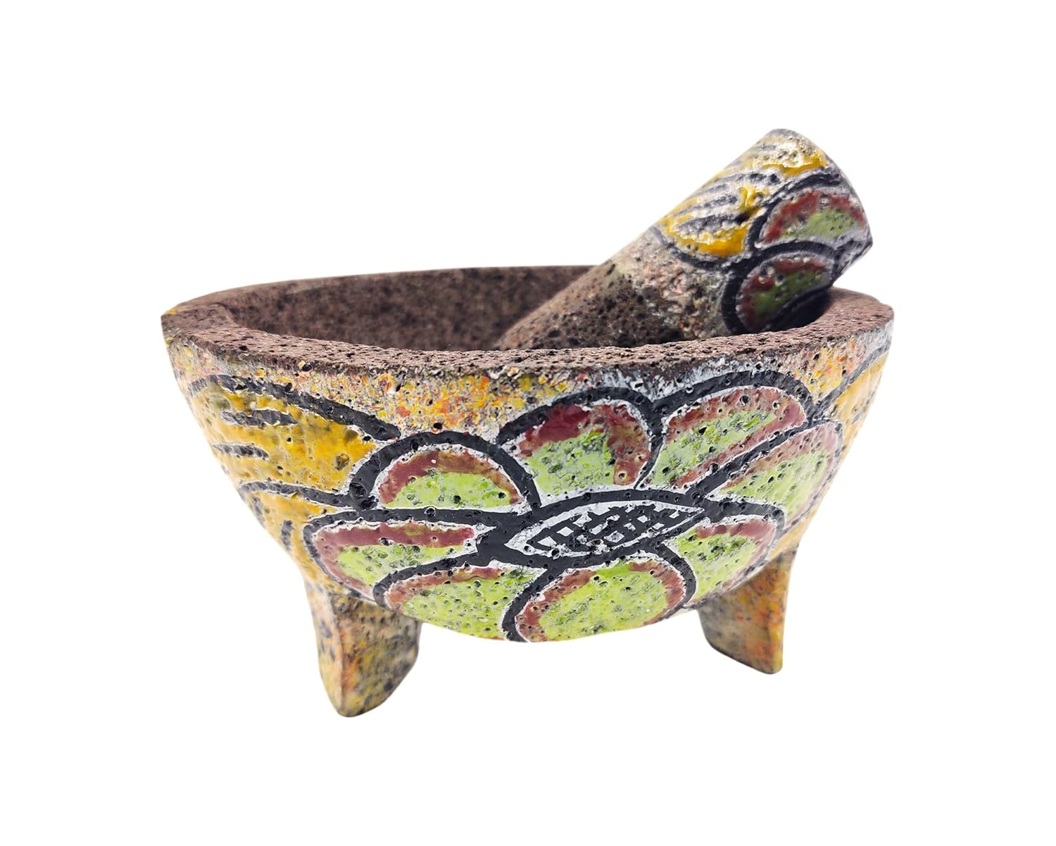 Molcajete de Mexico - Lava Rock Mortar & Pestle (8" L x 8" W x 4.5" H) Hand Painted - VAIRABLE Colors ON Stone - Mexican Kitchen Tool