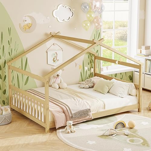 Miniatura 8 de KOMFOTT Cama individual de madera para niños, marco de cama de piso de perfil bajo con techo, cabecero y estribo, cama de tienda para niños