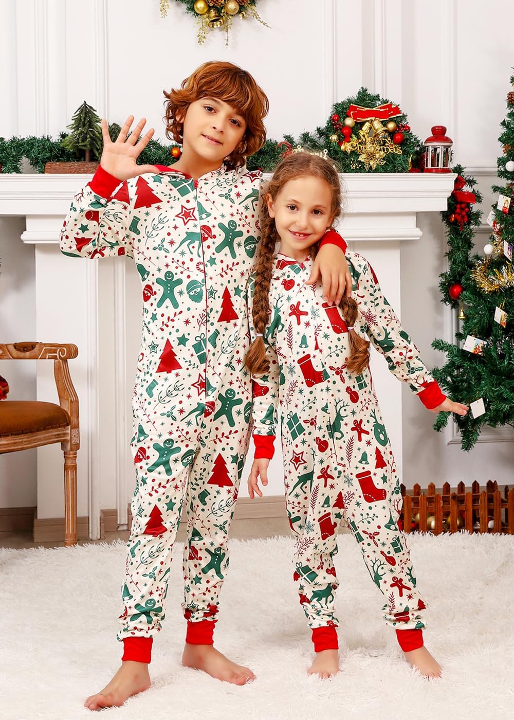 VNVNE Matching Christmas Onesie Pajamas Set for Family/Couples/Women/Men, One Piece Xmas Pjs Hooded Zipper Printed Sleepwear - Image 4