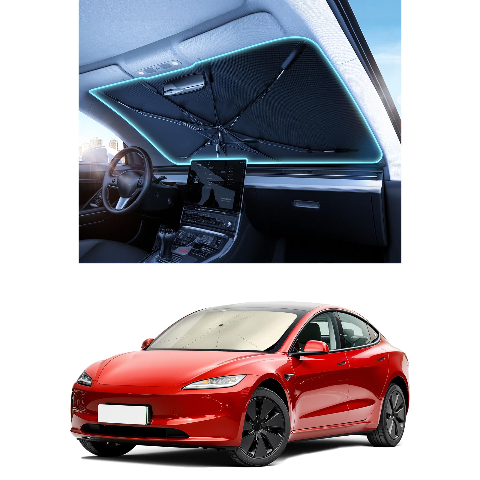 [Upgraded] Nmoiss Windshield Sun Shade Umbrella - [Vinyl Coating Heat Shield] Protect Car from Sun Rays & Heat Damage Keep Cool and Protect Interior, Spring Structure Edge Medium 56" L x 31" W — view 20