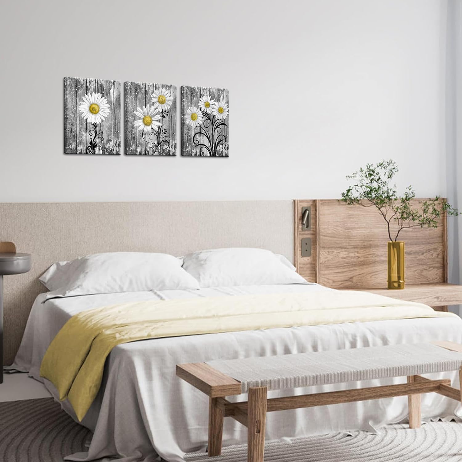 iHAPPYWALL 3 Pieces Bathroom Wall Art Yellow Grey Daisy Flowers Vintage Grey Floral Picture Print for Rustic Bath Bedroom Kitchen Home Decor Ready to Hang 12x16inchx3pcs