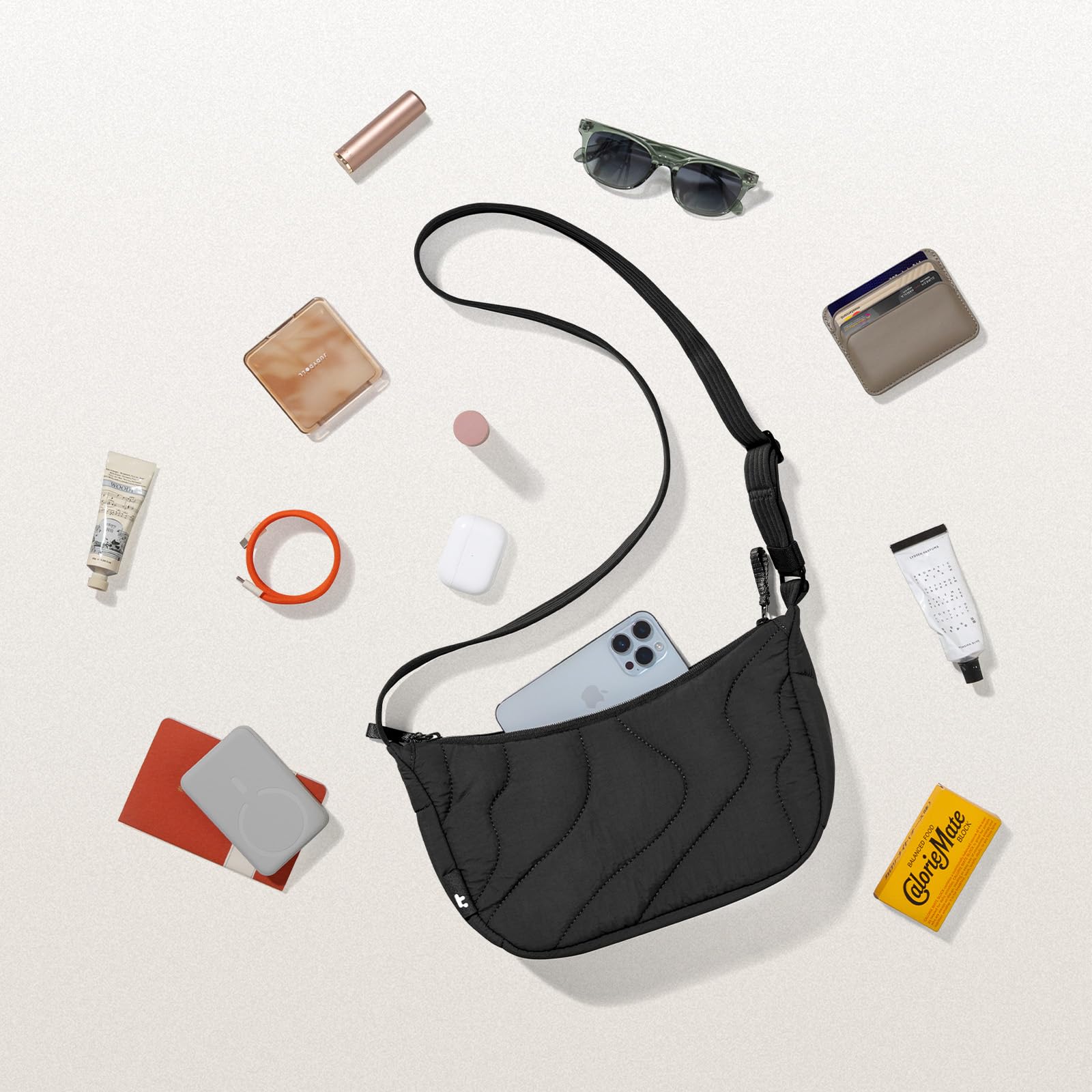 tomtoc 3,5-9L torba crossbody Sling Bag puffer kobiet, nylonowa moon ruffle | Modna torba z wygodnym paskiem na ramię, wewnetrzne przegrodki na telefon i codzienne akcesoria