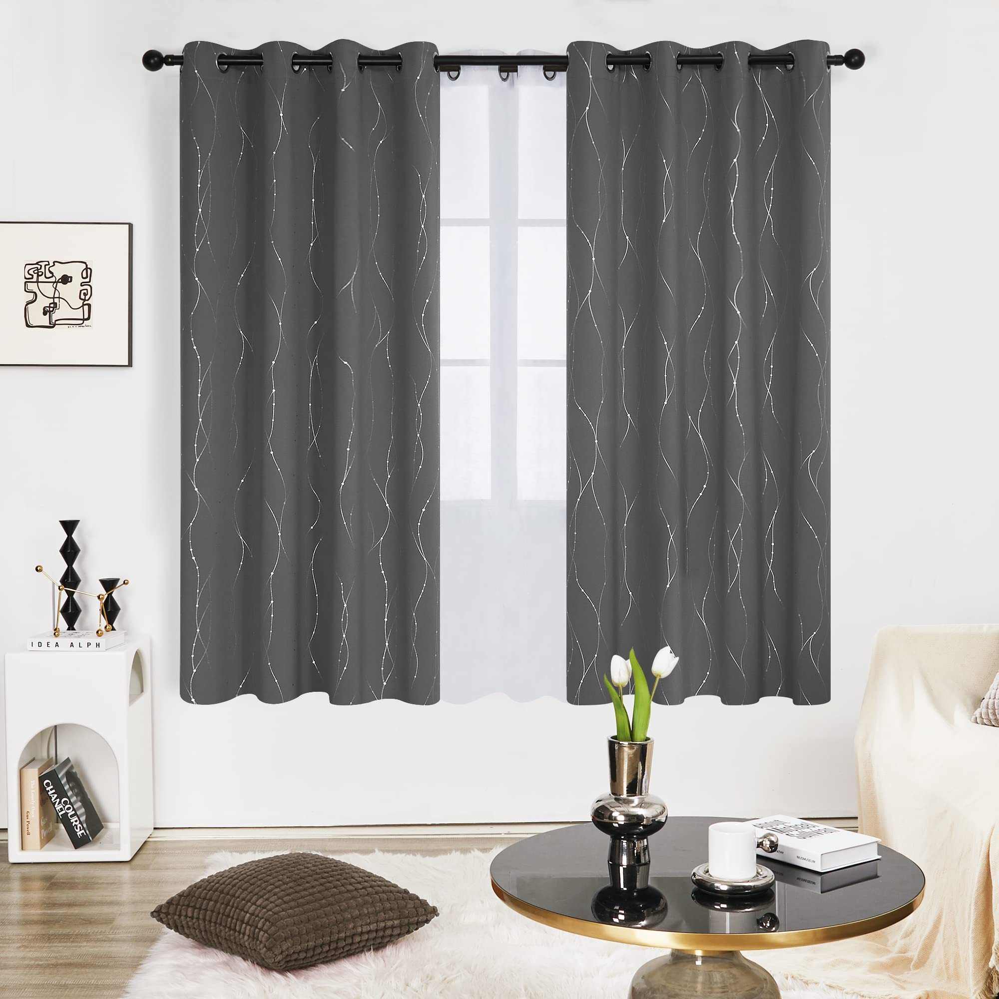 Deconovo 46 x 72 Inch Super Soft Dotted Line Foil Printed Thermal Insulated Blackout Curtains Window Treatment Eyelet Curtains for Children Grey Two Panels - 2