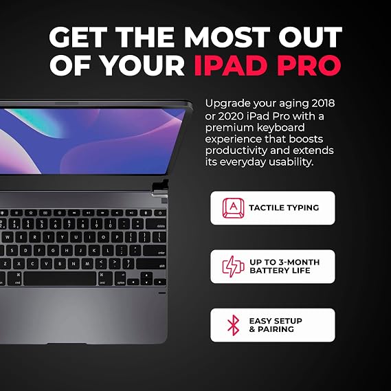 Brydge Keyboard 12.9 Pro (3rd Gen, 2018 Model) Backlit - Space Grey | Adjustable, Portable, Bluetooth Connectivity, USB-Charging Compatible w/ iPad Pro 3rd & 4th Gen (2018 & 2020, Space Gray)