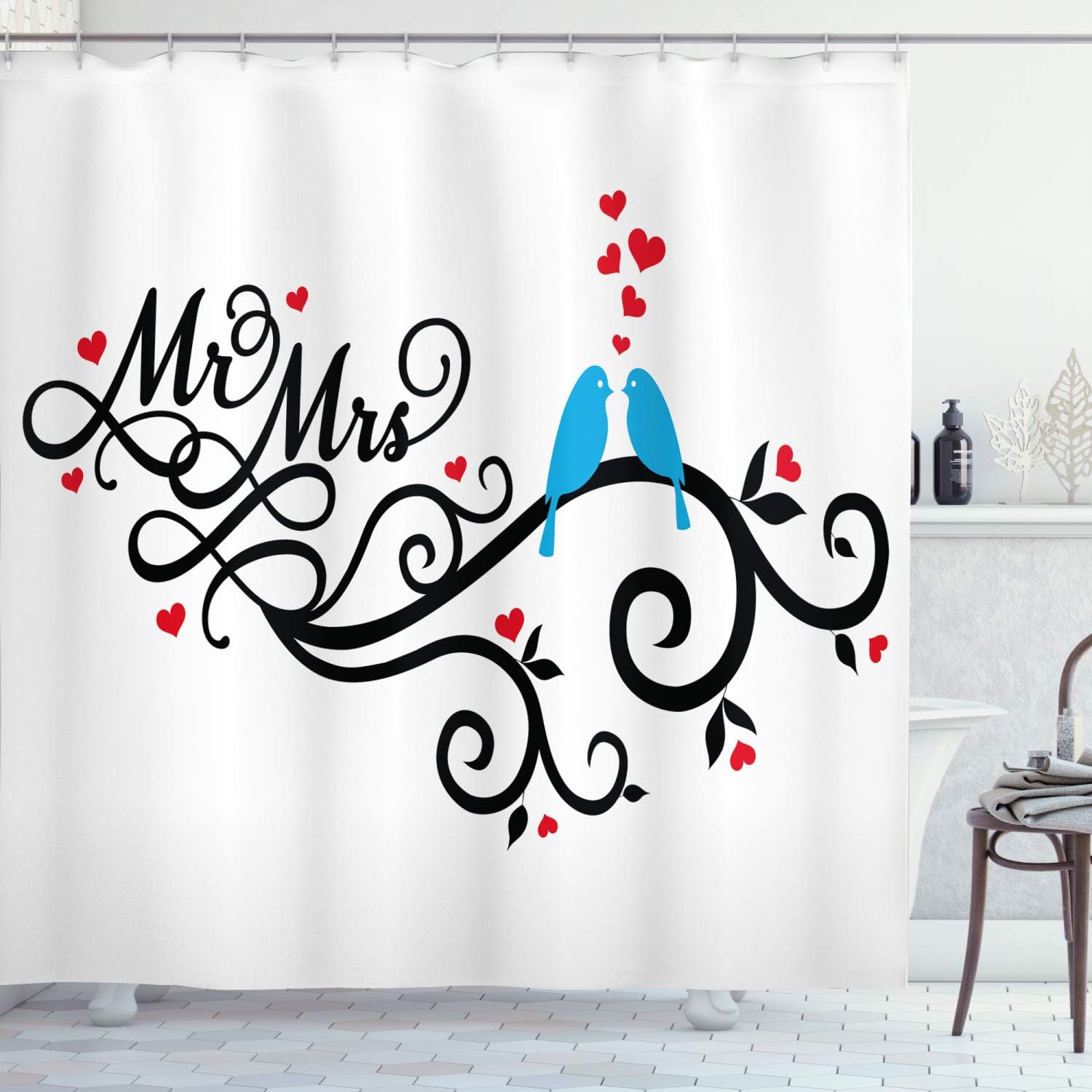 Ambesonne Wedding Shower Curtain, Mr. and Mrs. Swirled Branches Hearts Love Birds Happiness Simplistic Design, Cloth Fabric Bathroom Decor Set with Hooks, 69" W x 70" L, Red Blue Black
