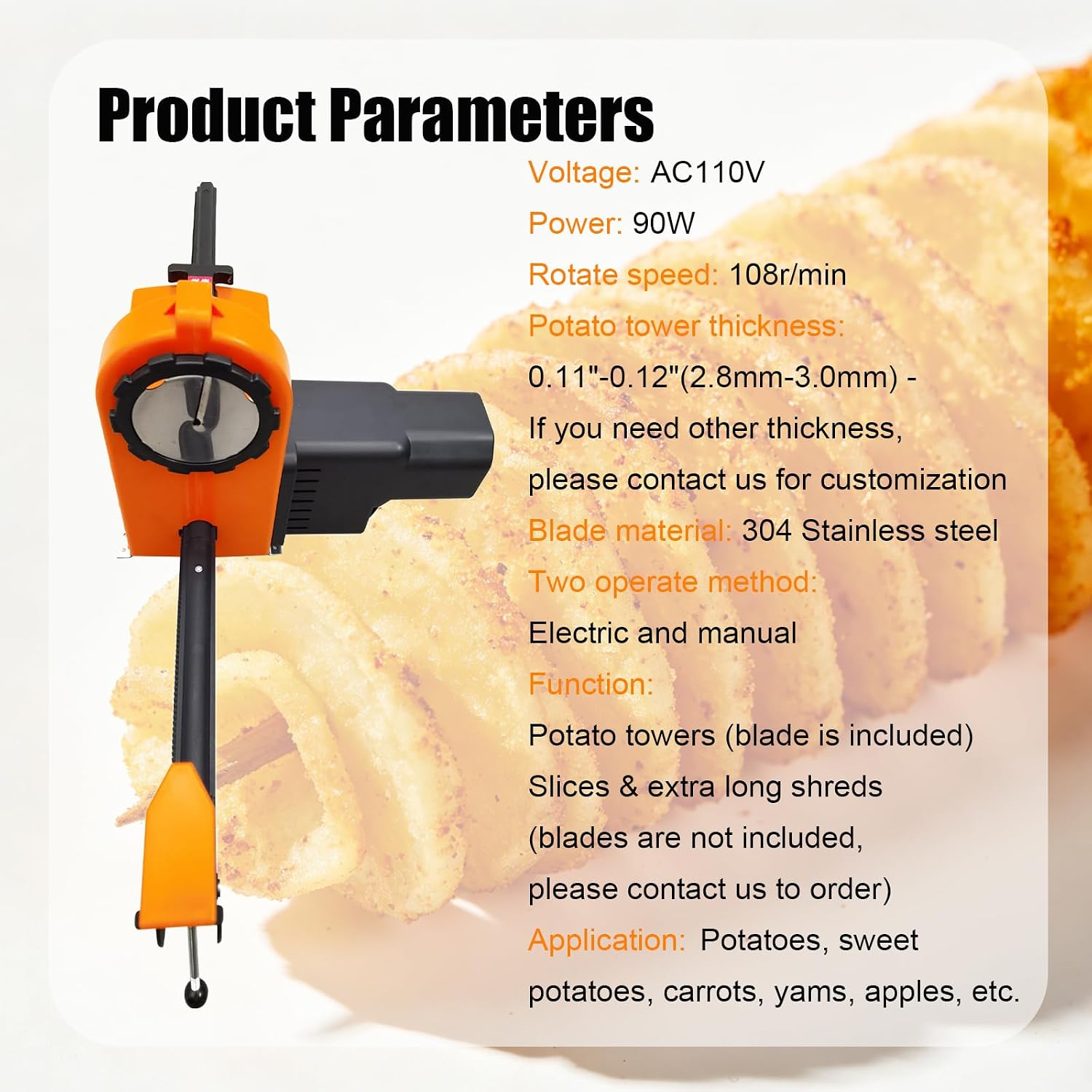 110V Automatic Electric Spiral Potato Cutter Tornado Potato Slicer Curly Fries Twist Potato Tower Thickness 0.11"-0.12"(2.8mm-3.0mm) for Fast-food Restaurants Canteens Food Trucks