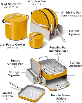 Caraway 31-Piece Non-Stick Ceramic Cookware Bundle | Fry Pans, Saucepans, Saute Pan, Dutch Oven, Petite Cooker, Stir Fry, Rondeau, Stock Pot, Grill and Griddle Pans, Marigold