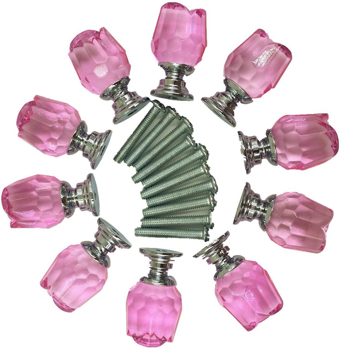 Yahead 10pcs Crystal Glass Door Knobs Rose Shaped Cabinet Cupboard Pulls Handles Drawer Knobs Wardrobe Home Kitchen Hardware 20mm Pink