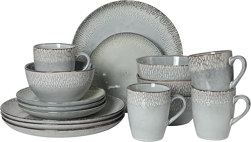 Gibson Elite Jasper Juego de vajilla de 16 piezas de platos y tazones, cerámica de esmalte reactivo, cerámica de piedra, juego de vajilla para 4