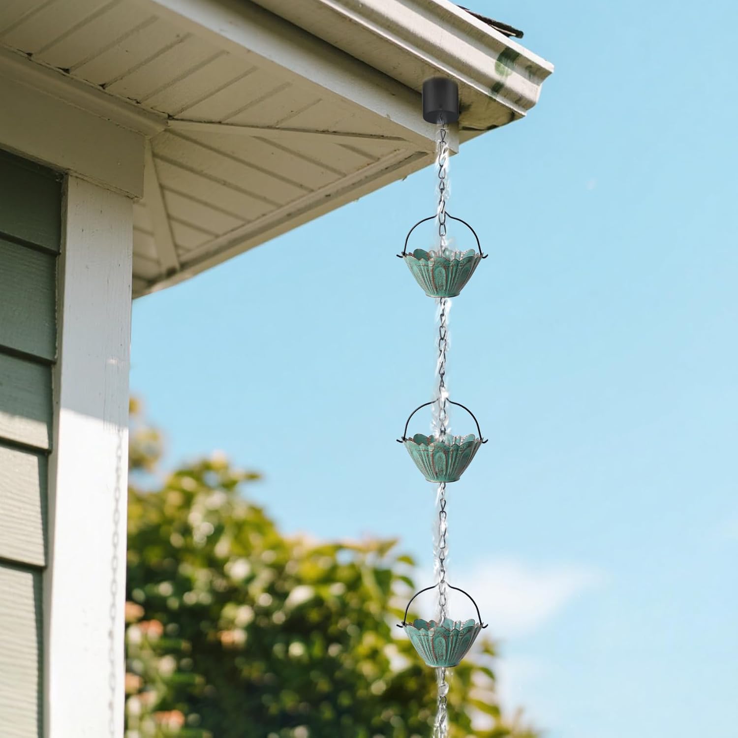 Rain Chains for Outside, 8.7FT Gutter Chain with 12 Lotus Cups Rain Catcher Chain Replacement Downspout for Gutters Eaves Drainage Decor, Bronze