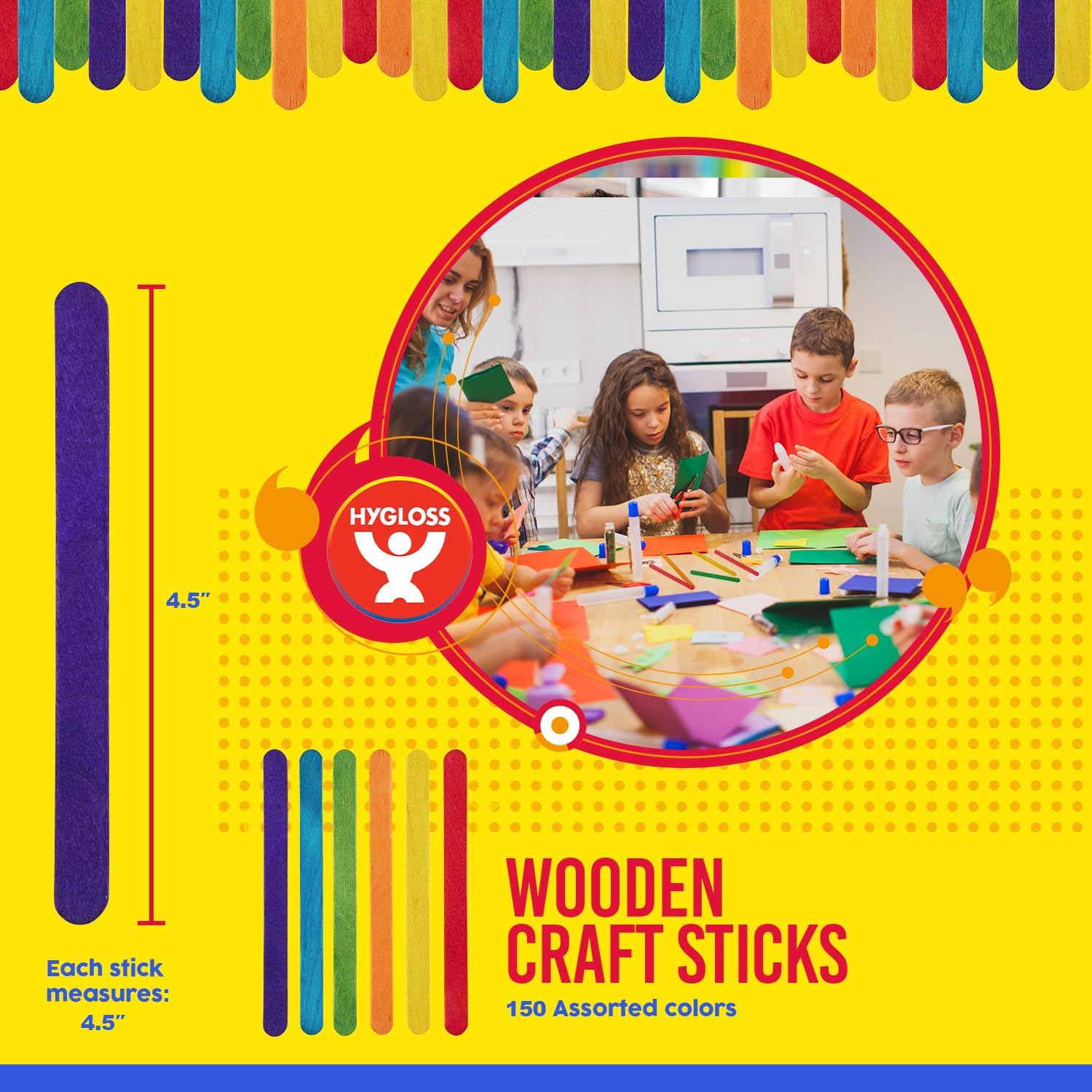 Hygloss Colored Craft Sticks – 4.5-Inch - 150 Count - Vibrant Wooden Multi-Colored Popsicle Sticks – Smooth and Splinter-Free Pop Sticks - Ideal for DIY Projects, Crafting, Games, Home and School Use