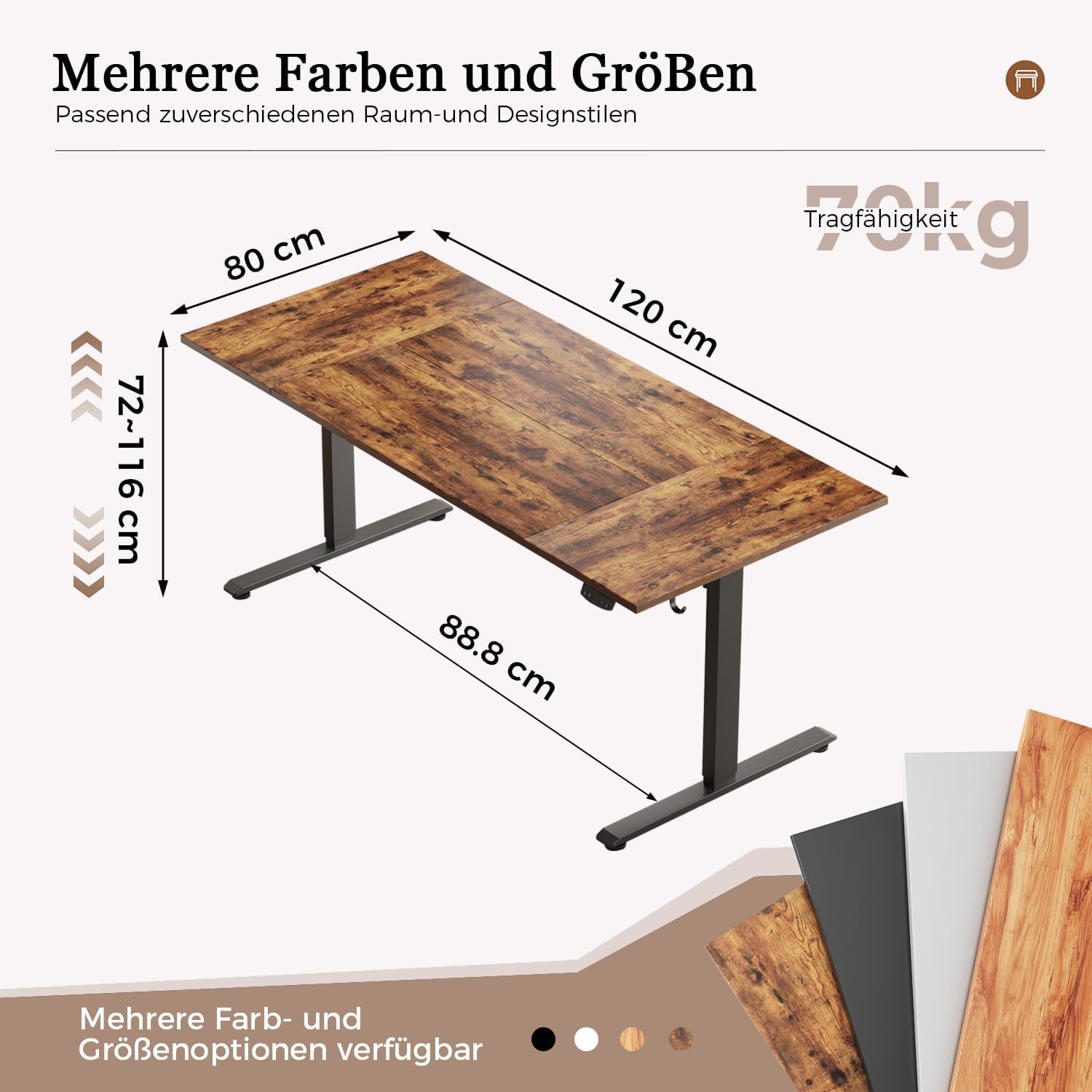 Klicelor Electric Desk Height Adjustable 120 x 80 cm | Electric Desk with 2 Storage Spaces, Standing Desk with 4-Piece Table Top, Computer Desk, Brown Brown 120 x 80 inches