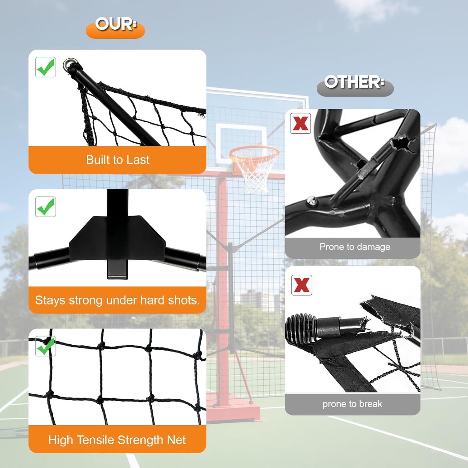 10 FT Basketball Rebounder Net, Heavy-Duty Steel Frame Backstop Nets