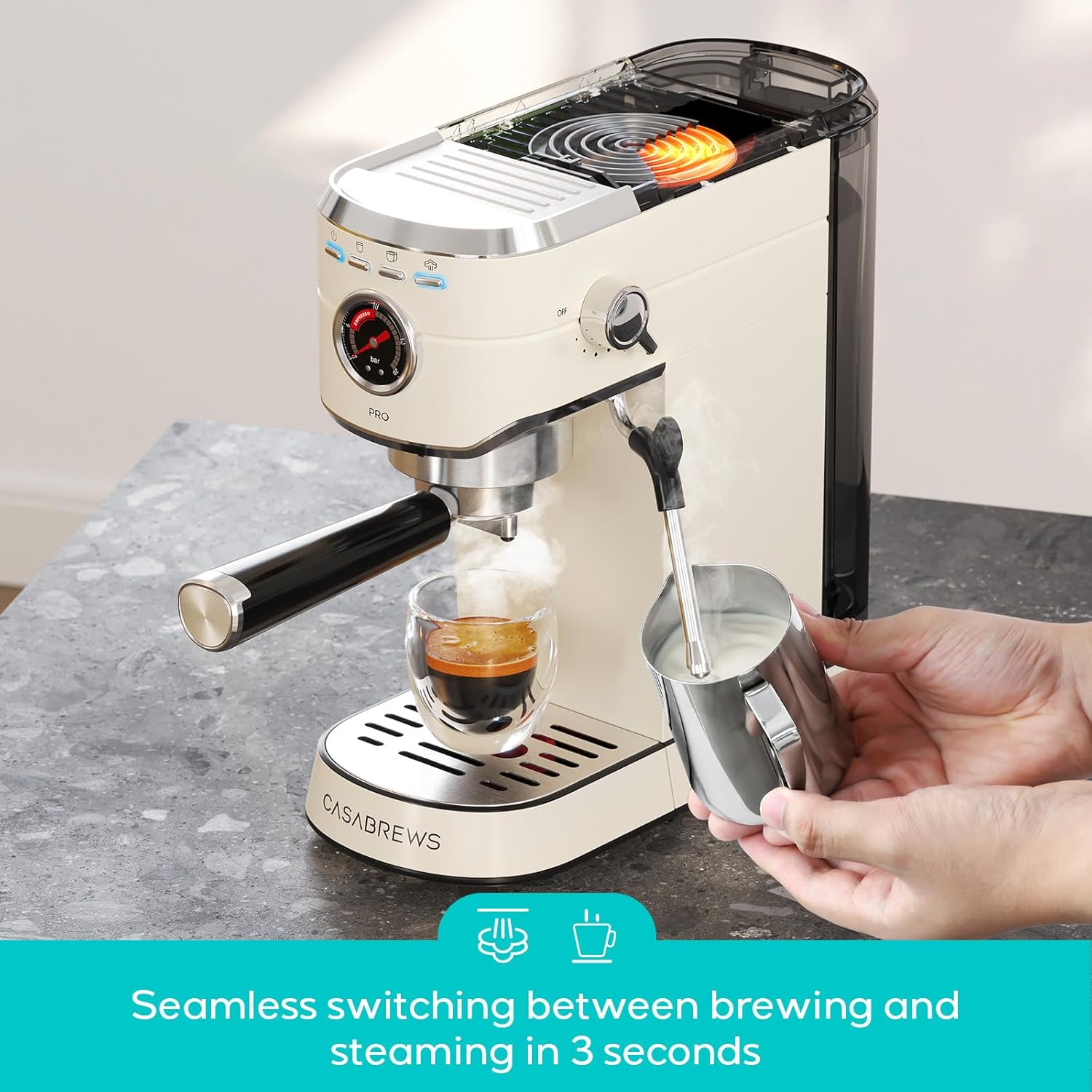CASABREWS 5418 PRO Espresso Machine 20 Bar, Espresso Maker with Milk Frother Steam Wand, Stainless Steel Coffee Machine with 34oz Removable Water Tank, Small Latte Machine, Creamy