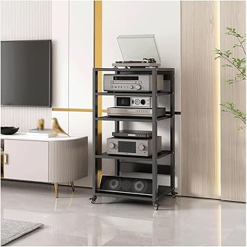 Audio Rack Cabinet Av Media Stand with Wheels Adjustable Audio-video Shelving Modern Stereo Cabinet Space-saving Stereo Stands5 Tier110cm