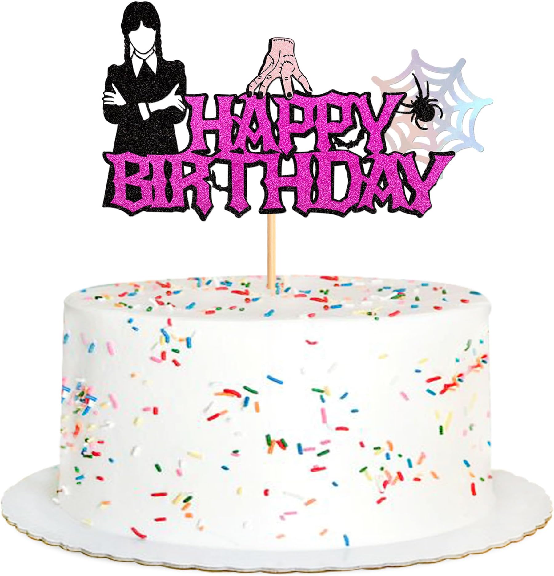1Pcs Wednesday Addams Happy Birthday Cake Decoration Glitter Wednesday Addams Cake Decoration Spider Web Thing Hand Wednesday Girls Cake Topper for Fantasy Horror Wednesday Children Birthday Party