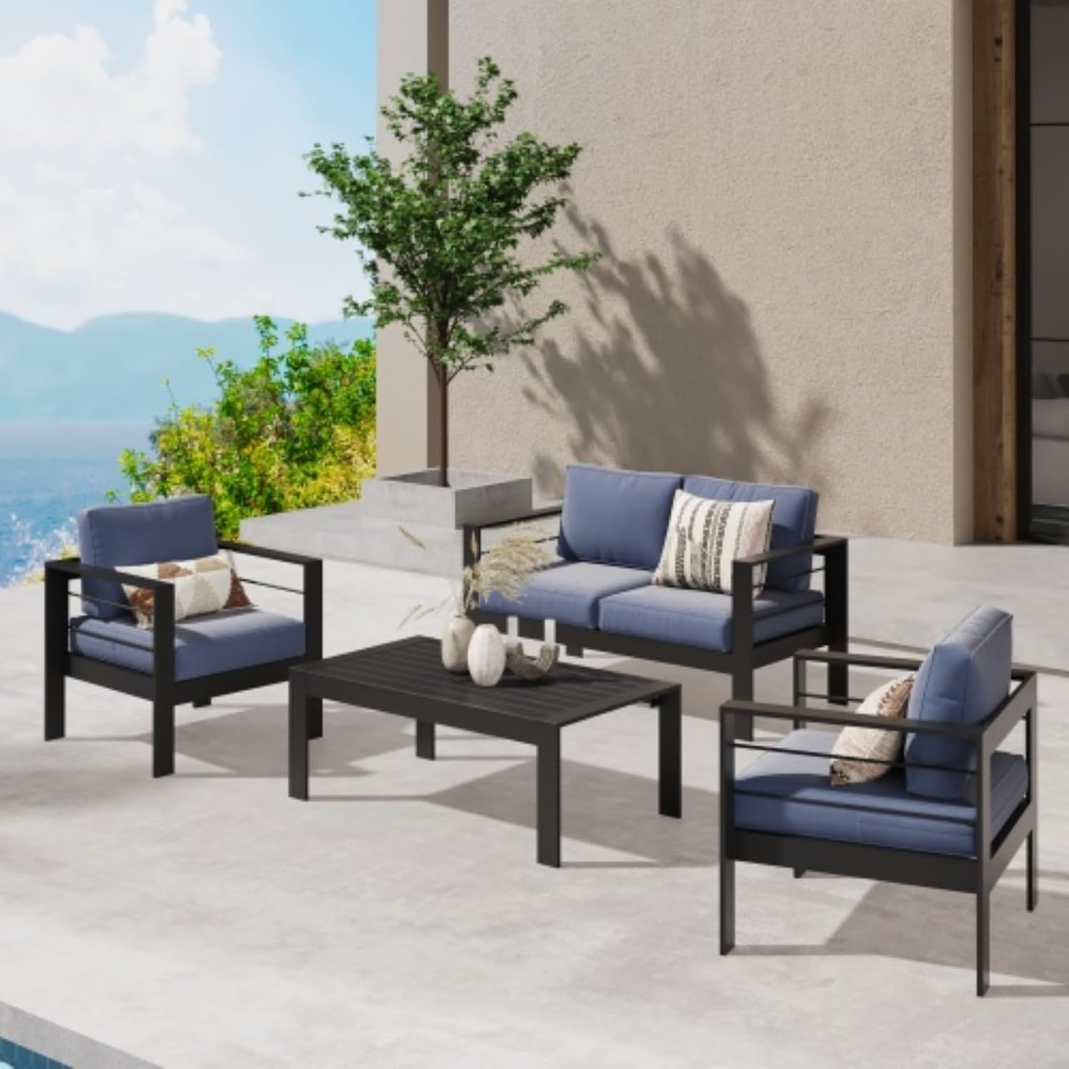 Outdoor 2-Piece Sofa Set, Patio Sofa, Patio Furniture Sofa, All-Weather Metal Aluminum Frame, 5-inch Thick Cushions, Easy Care, Easy Assembly, Blue