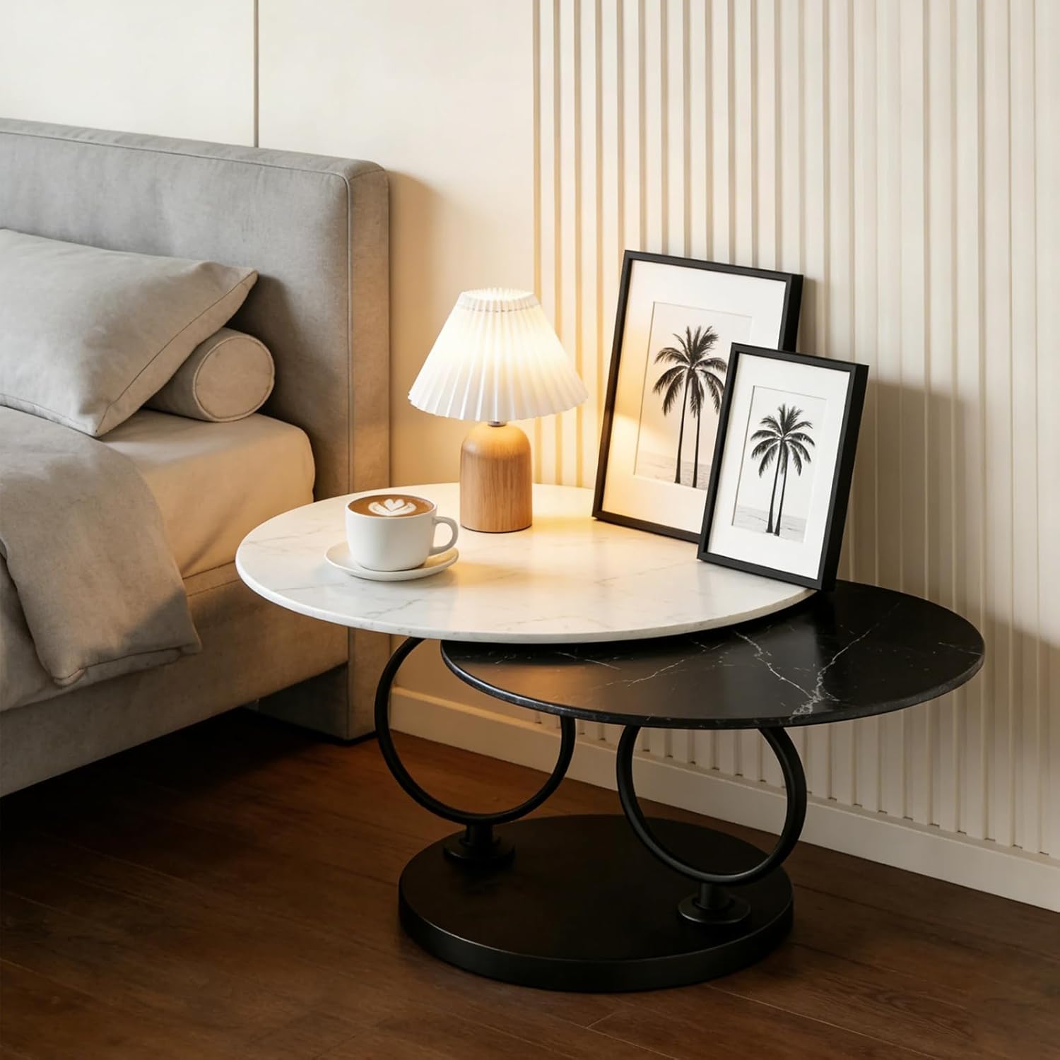 Round Nesting Coffee Table Set of 2, 51" Large Marble Top Coffee Tables with Black Metal Frame, Modern Living Room Center Table Set for Apartment, Bedroom, Balcony, White & Black