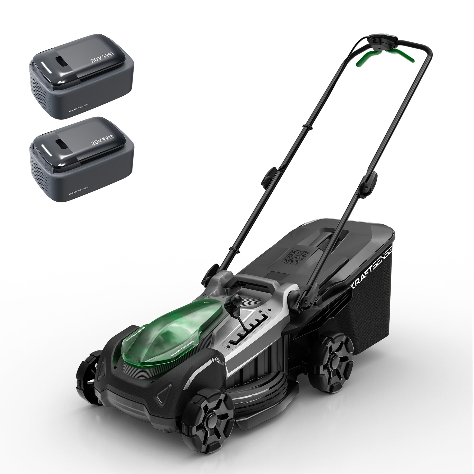 40V Akku-Rasenmäher für mittelgroße Gärten, 43 cm Schnittbreite, bürstenloser Motor, 2-in-1 Mulchen & Fangen, mit 2×5,0Ah Akkus für bis zu 600 m² pro Ladung, inkl. Typ-C-Ladekabel