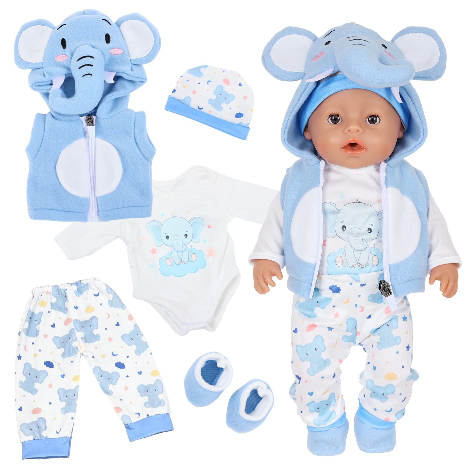 5-Pcs Blue Baby Doll Clothes for 14-17 Inch Dolls, Cute Elephant Baby Doll Outfit with Blue Jacket, Top, Pants, Hat + Socks