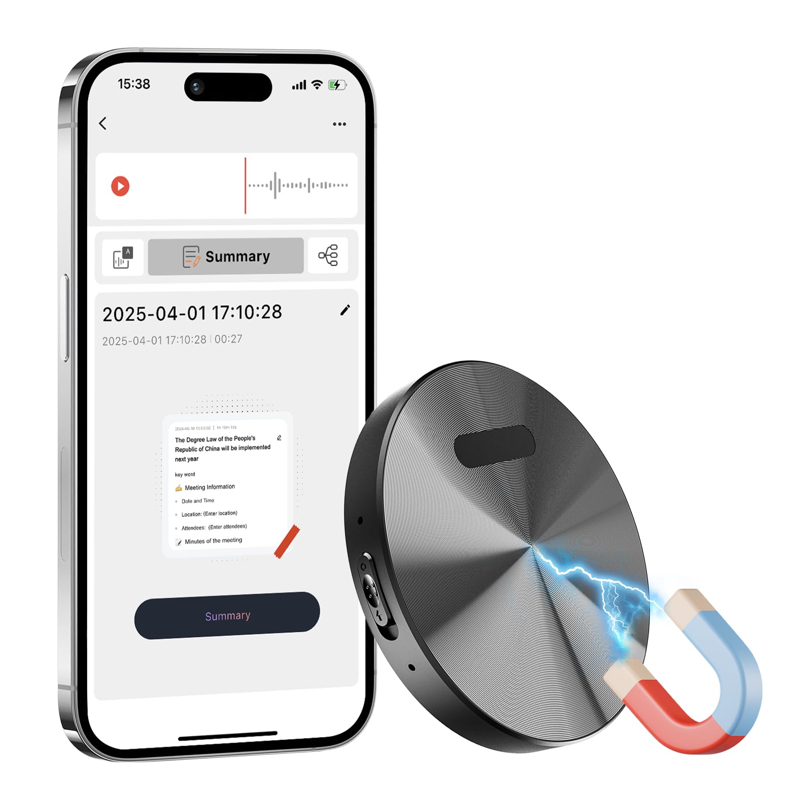 KI Grabadora de voz digital 64 GB – Mini grabadora magnética con ChatGPT, control de aplicaciones, transcripción en tiempo real, traducción y resumen, cancelación de ruido