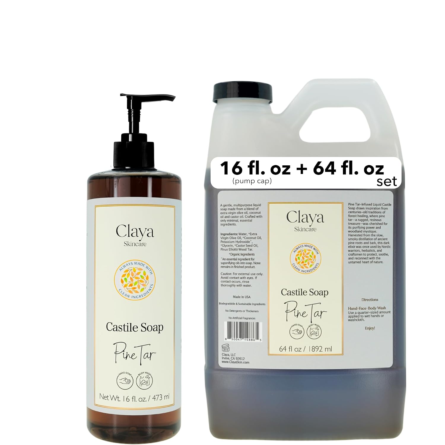 Claya Pine Tar Liquid Castile Soap Organic Ingredients, Biodegradable, Gentle for Sensitive Skin and Versatile Use (16 fl oz Pump Cap and 64 fl oz)