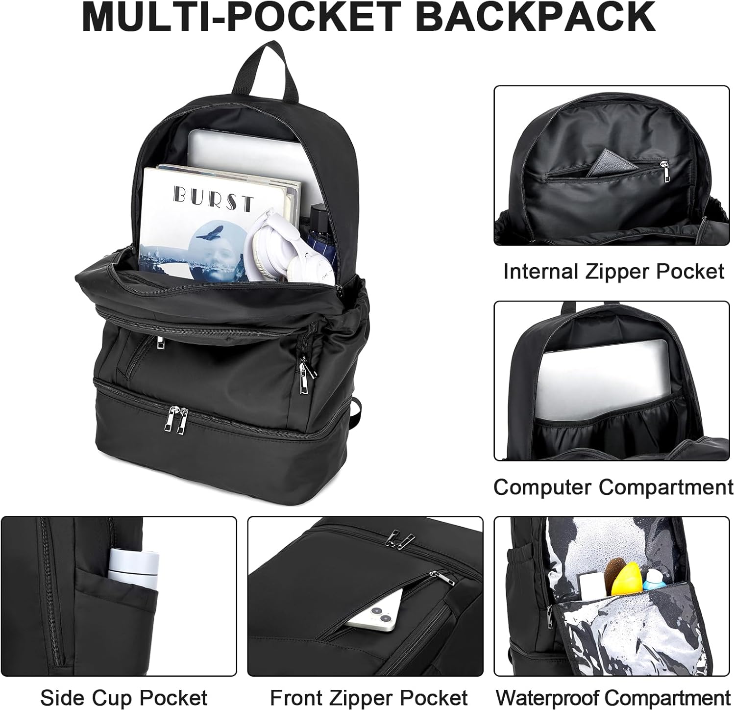 seyfocnia Large Gym Backpack for Men,Waterproof Travel Backpack With Shoe Compartment Lightweight Sports Gym Bag Casual Daypack, Black - Image 2