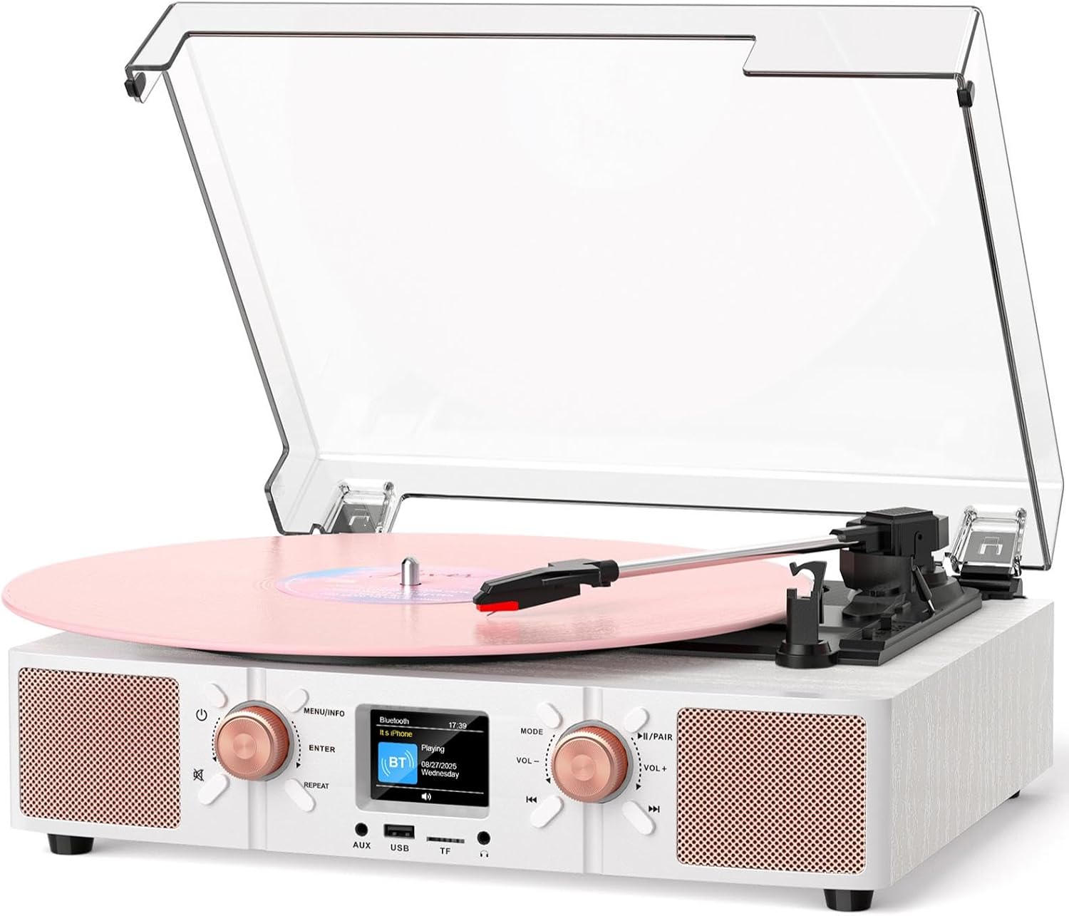 DANFI Spin Record Player with Built-in Speakers, Bluetooth Input & 3-Speed Vinyl Playback Turntable with Color LCD Display, USB/TF Playback, RCA, AUX, Headphone Jack, White Wood Rose Gold