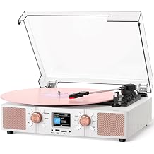 DANFI Spin Vinyl Record Player with Built-in Dual Speakers, Bluetooth Input, 3-Speed Turntable with Color LCD Clock, Display, USB/TF Card, RCA Output/AUX Input/Headphone Jack, White &Rose Gold