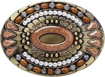 WANLIAN Bohemia Belt Buckle, Celtic Indian Gemstone Totem Oval Style Western Cowboy Design Tiger Eye Stone Belt Buckle, White Gold Plated for Men and Women