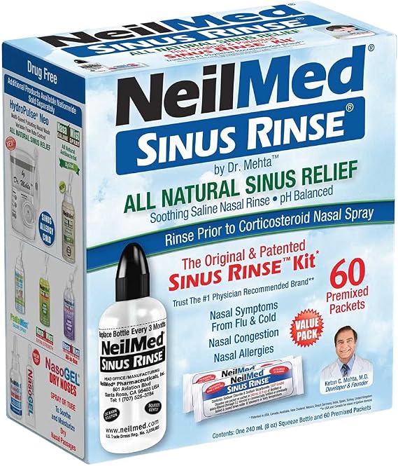 NeilMed Sinus Rinse - طقم شطف أنفي كامل مع 60 عبوة مسبقة