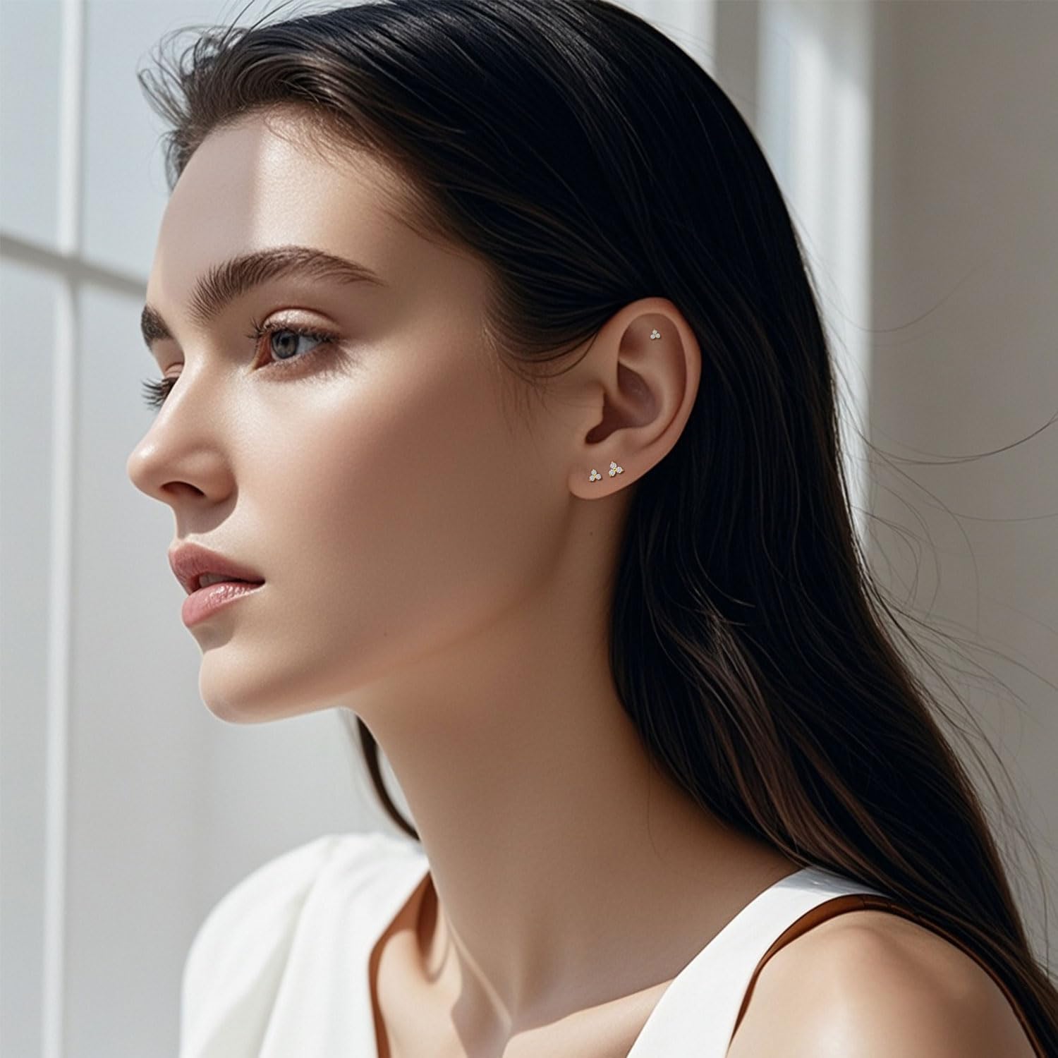 XUU Titanium Stud Earrings for Women, Minimalist Cubic Zirconia stud, Dainty Halo Earrings, Hypoallergenic Piercing Jewelry, Gold & Silver (Pair) - Image 5