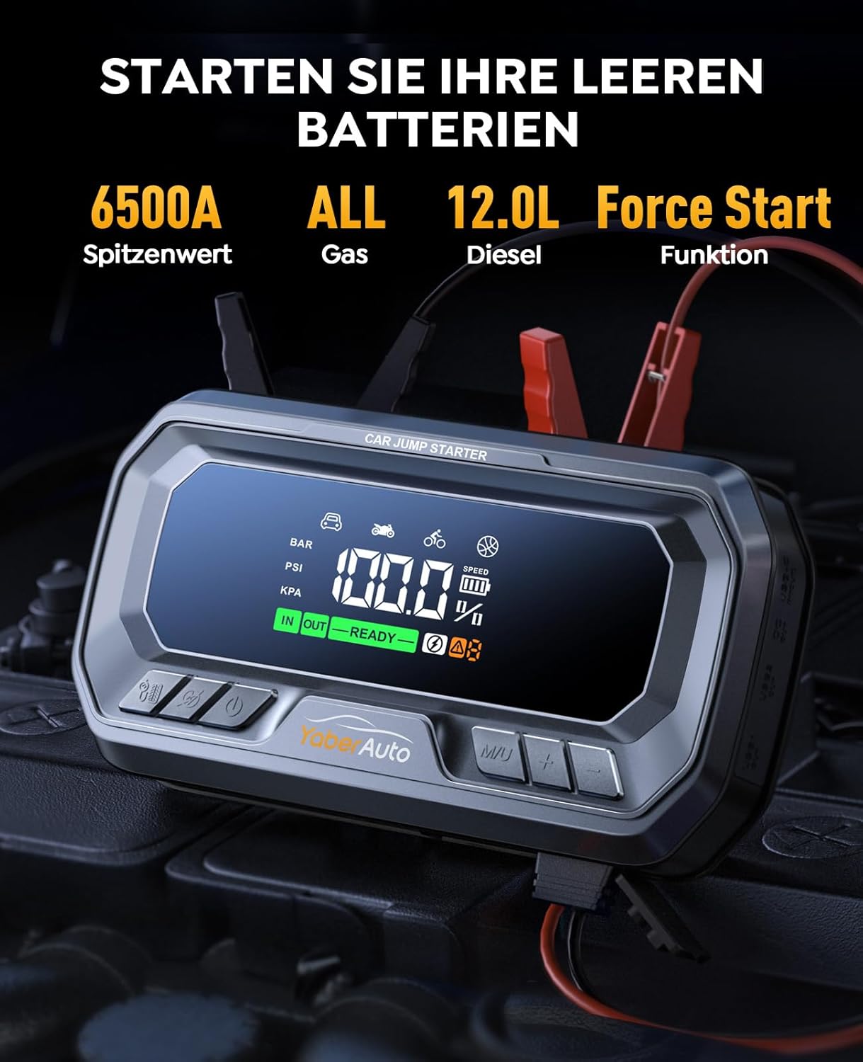 YaberAuto YA90 Jump Starter connected to a car battery, displaying 6500A peak current and compatibility with 12.0L Gas/Diesel engines