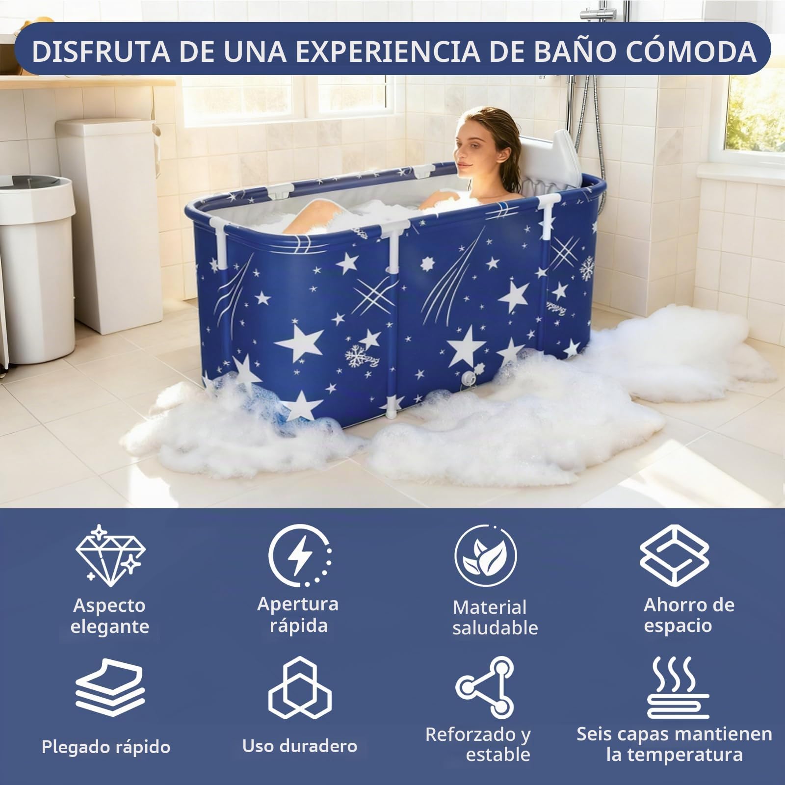 Bañera Plegable para Ducha, Bañera Portátil para Adultos con Cojines, Bañeras Independiente para Interiores y Exteriores, 120 x 55 x 50 cm (Azul)