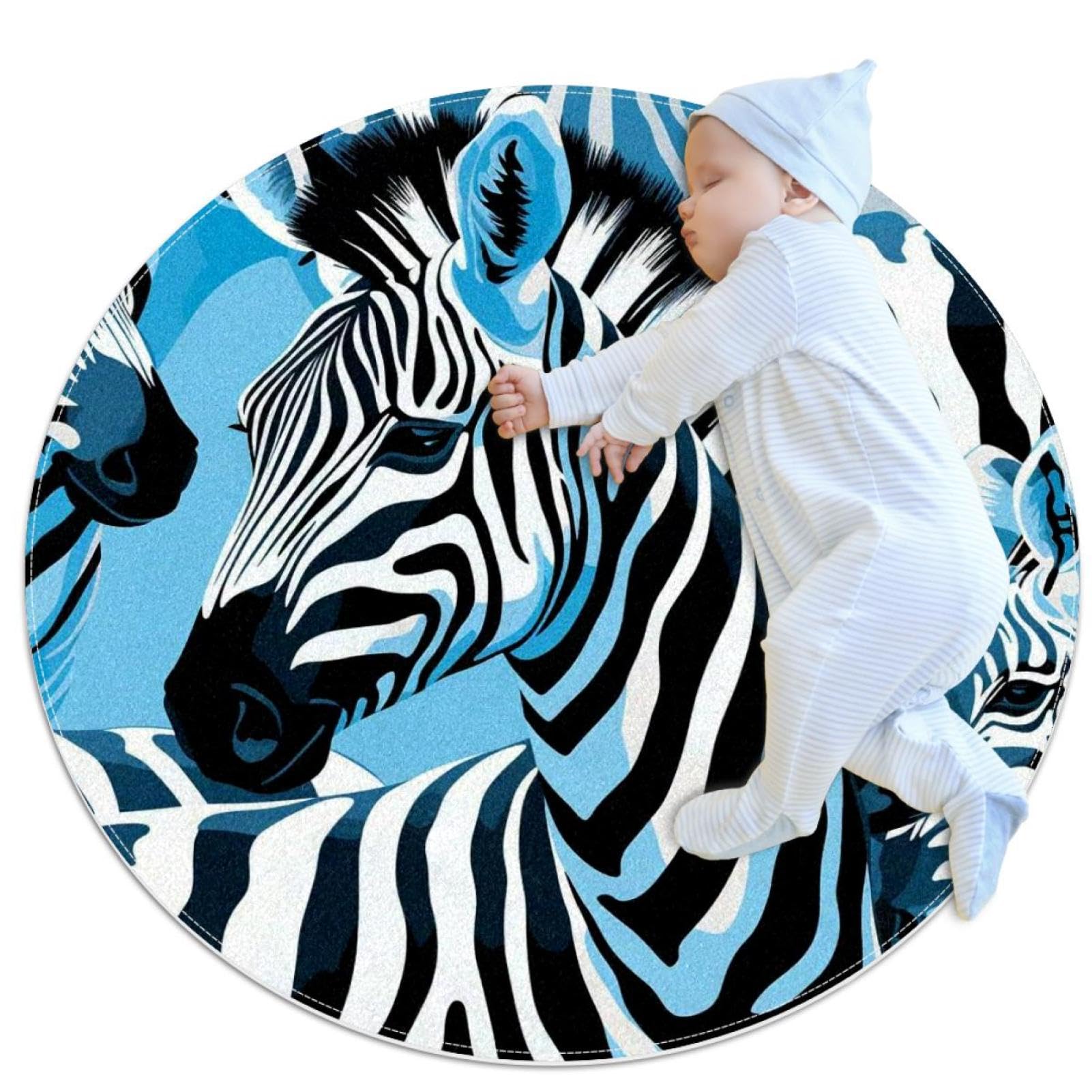Tapis de salle de bain bleu motif zèbre de 1m de diamètre pour chambre d'enfant