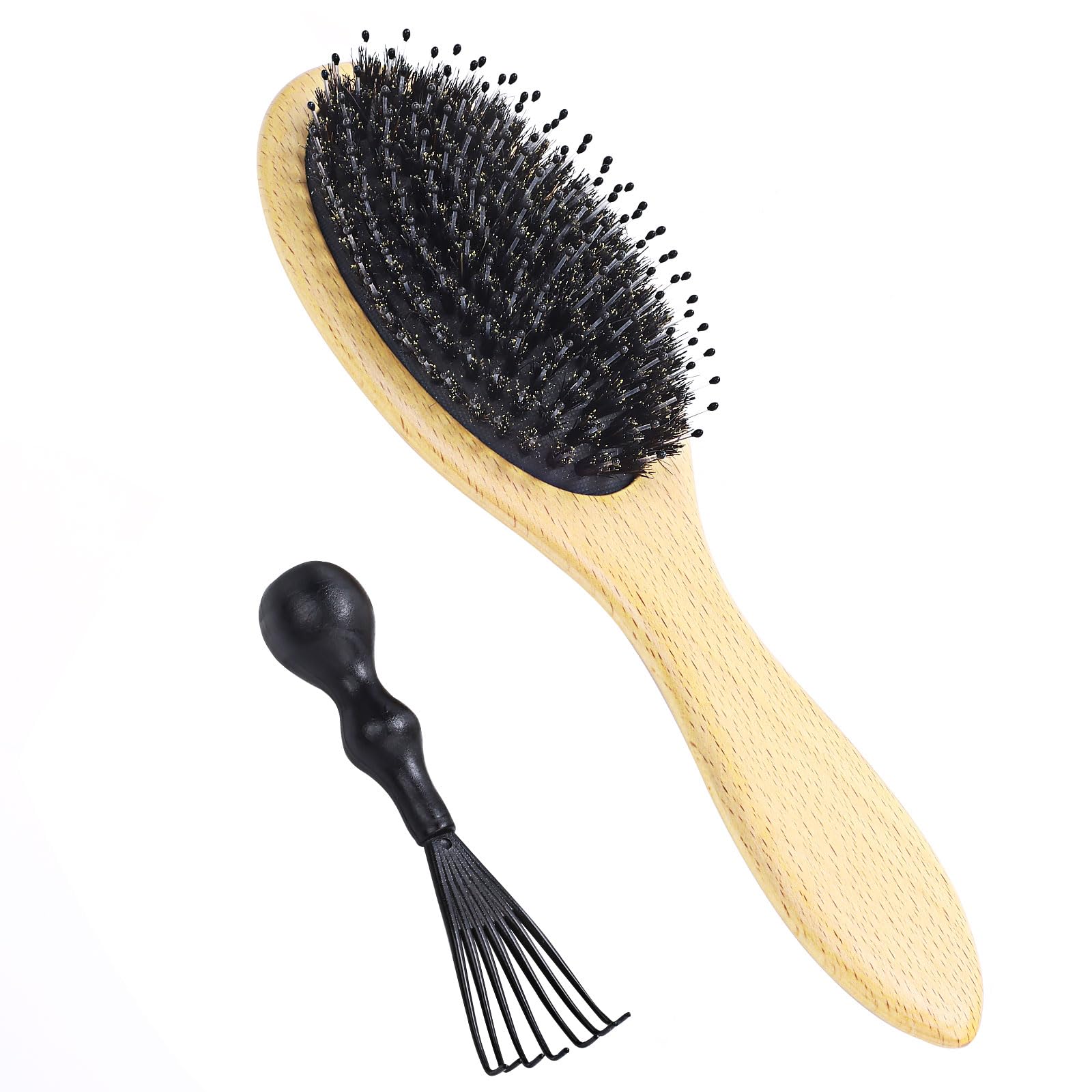 AISEELY Cepillo de Pelo, Cepillo de Pelo de Cerdas de Jabalí con Pasadores de Nylon, Cepillo de Madera Profesional para Masajear el Cuero Cabelludo y Peinar el Cabello, Con Limpiador de Cepillo
