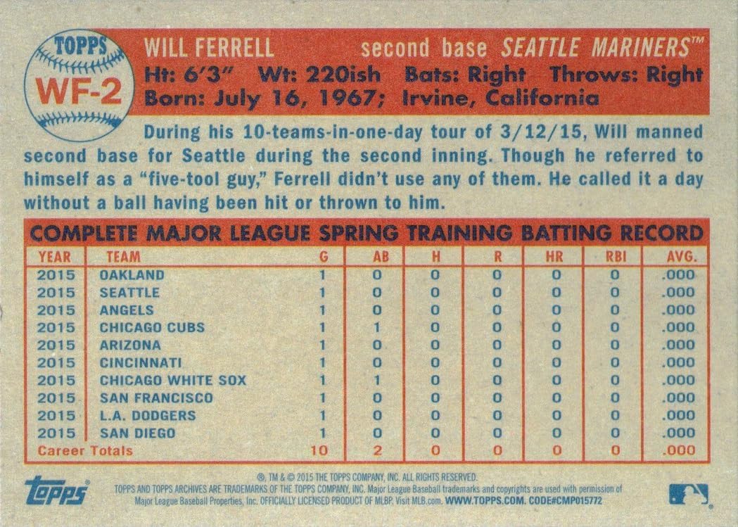 2015 Topps Archives #WF-2 Will Ferrell Baseball Card