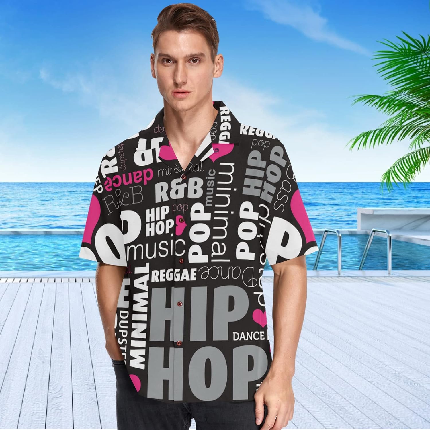 visesunny Mens Casual Button Down Short Sleeve Hawaiian Shirt Suits Music Style Pop Letter Heart Pattern Aloha Shirt - Image 2