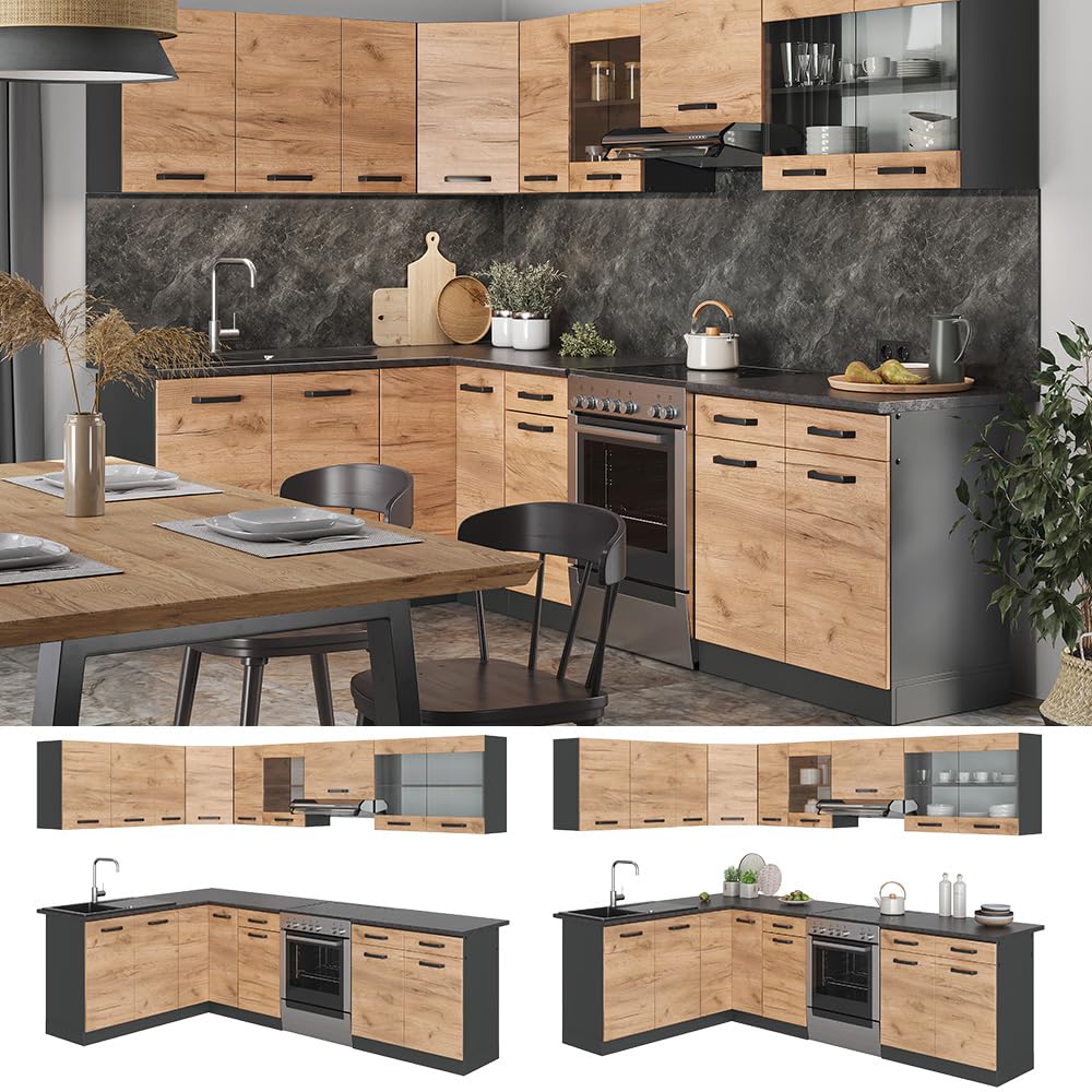 Vicco Cocina esquinera Rick, Oro Power Roble/Antracita, 270 x 60 cm, ET Negro Estampado, con módulos combinables de Forma Variable y Patas Ajustables en Altura